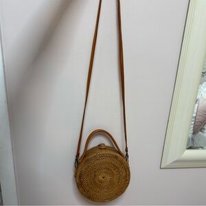 Round Woven Tan Crossbody Bag